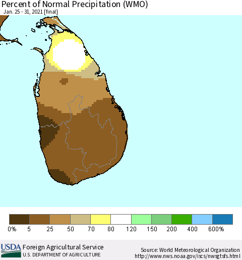 Sri Lanka Percent of Normal Precipitation (WMO) Thematic Map For 1/25/2021 - 1/31/2021