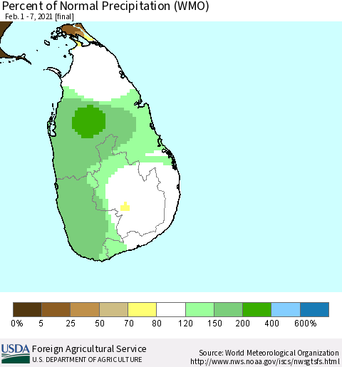 Sri Lanka Percent of Normal Precipitation (WMO) Thematic Map For 2/1/2021 - 2/7/2021