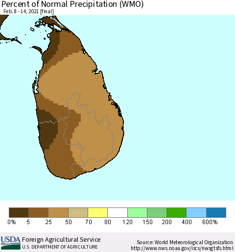 Sri Lanka Percent of Normal Precipitation (WMO) Thematic Map For 2/8/2021 - 2/14/2021