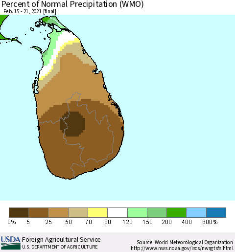 Sri Lanka Percent of Normal Precipitation (WMO) Thematic Map For 2/15/2021 - 2/21/2021