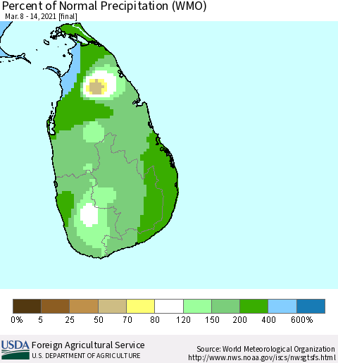 Sri Lanka Percent of Normal Precipitation (WMO) Thematic Map For 3/8/2021 - 3/14/2021