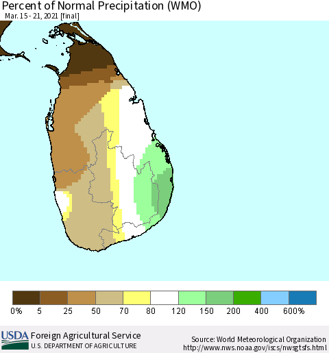 Sri Lanka Percent of Normal Precipitation (WMO) Thematic Map For 3/15/2021 - 3/21/2021