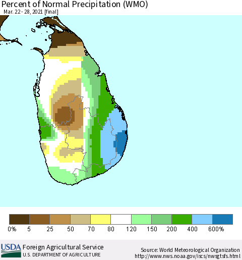 Sri Lanka Percent of Normal Precipitation (WMO) Thematic Map For 3/22/2021 - 3/28/2021