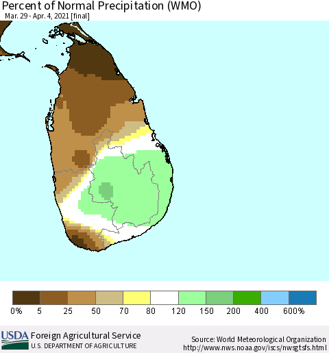 Sri Lanka Percent of Normal Precipitation (WMO) Thematic Map For 3/29/2021 - 4/4/2021