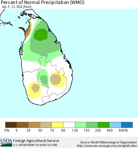 Sri Lanka Percent of Normal Precipitation (WMO) Thematic Map For 4/5/2021 - 4/11/2021