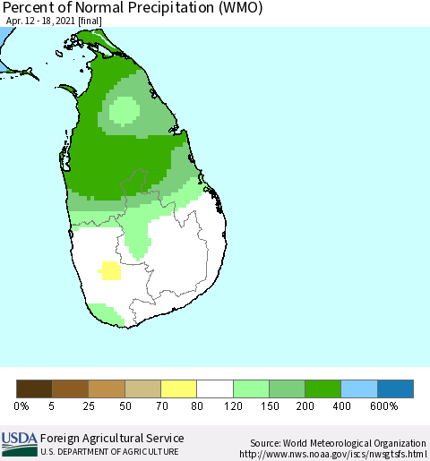 Sri Lanka Percent of Normal Precipitation (WMO) Thematic Map For 4/12/2021 - 4/18/2021