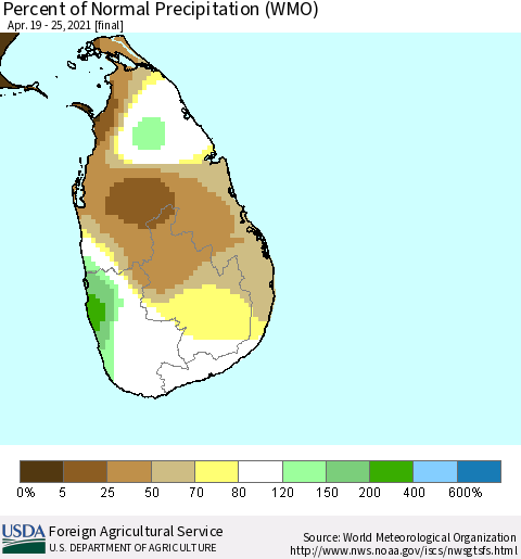 Sri Lanka Percent of Normal Precipitation (WMO) Thematic Map For 4/19/2021 - 4/25/2021