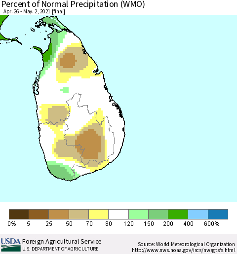 Sri Lanka Percent of Normal Precipitation (WMO) Thematic Map For 4/26/2021 - 5/2/2021