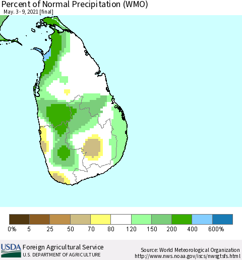 Sri Lanka Percent of Normal Precipitation (WMO) Thematic Map For 5/3/2021 - 5/9/2021