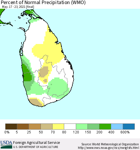 Sri Lanka Percent of Normal Precipitation (WMO) Thematic Map For 5/17/2021 - 5/23/2021