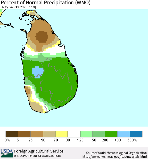 Sri Lanka Percent of Normal Precipitation (WMO) Thematic Map For 5/24/2021 - 5/30/2021