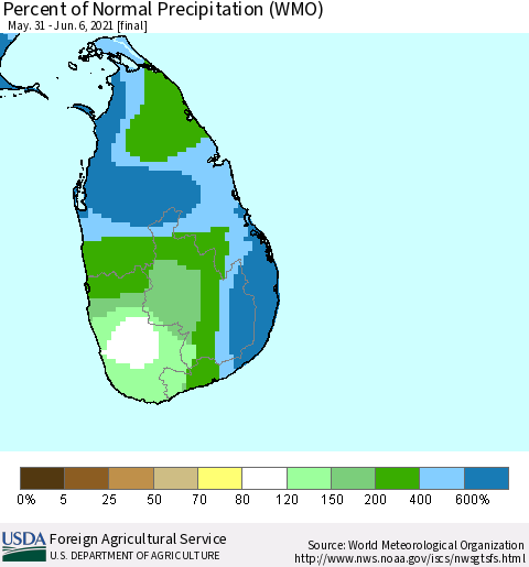Sri Lanka Percent of Normal Precipitation (WMO) Thematic Map For 5/31/2021 - 6/6/2021