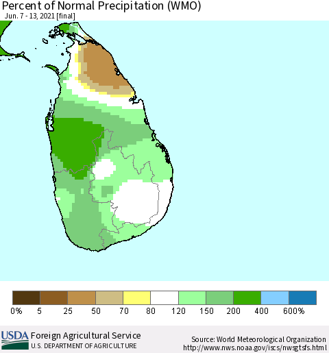 Sri Lanka Percent of Normal Precipitation (WMO) Thematic Map For 6/7/2021 - 6/13/2021