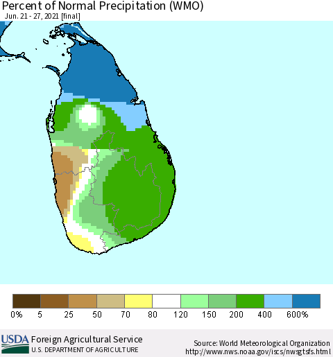 Sri Lanka Percent of Normal Precipitation (WMO) Thematic Map For 6/21/2021 - 6/27/2021