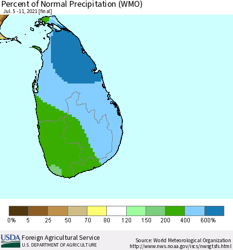 Sri Lanka Percent of Normal Precipitation (WMO) Thematic Map For 7/5/2021 - 7/11/2021