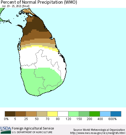 Sri Lanka Percent of Normal Precipitation (WMO) Thematic Map For 7/19/2021 - 7/25/2021
