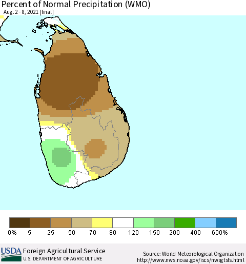 Sri Lanka Percent of Normal Precipitation (WMO) Thematic Map For 8/2/2021 - 8/8/2021