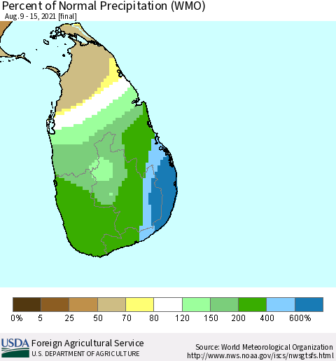 Sri Lanka Percent of Normal Precipitation (WMO) Thematic Map For 8/9/2021 - 8/15/2021