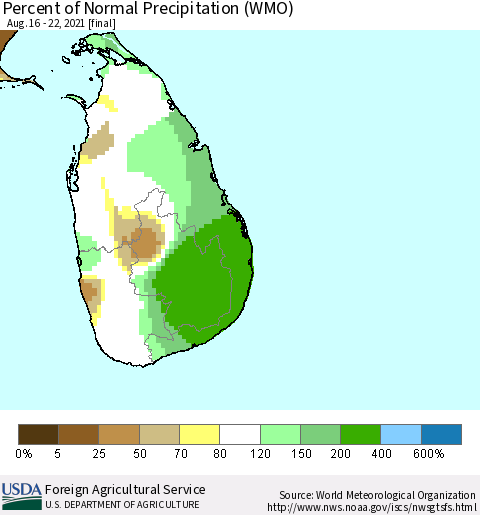 Sri Lanka Percent of Normal Precipitation (WMO) Thematic Map For 8/16/2021 - 8/22/2021