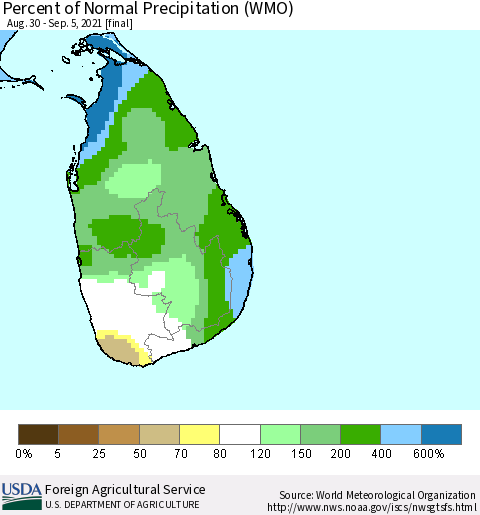 Sri Lanka Percent of Normal Precipitation (WMO) Thematic Map For 8/30/2021 - 9/5/2021