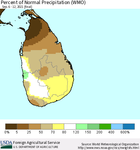 Sri Lanka Percent of Normal Precipitation (WMO) Thematic Map For 9/6/2021 - 9/12/2021