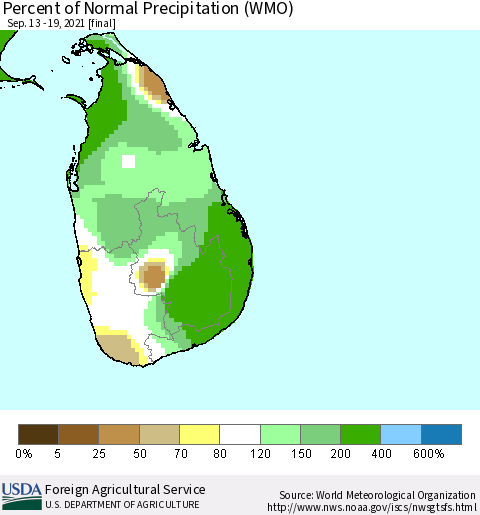 Sri Lanka Percent of Normal Precipitation (WMO) Thematic Map For 9/13/2021 - 9/19/2021