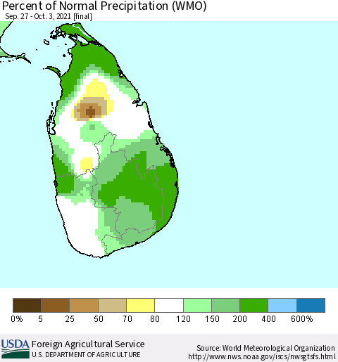 Sri Lanka Percent of Normal Precipitation (WMO) Thematic Map For 9/27/2021 - 10/3/2021