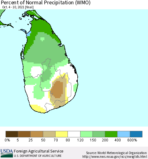 Sri Lanka Percent of Normal Precipitation (WMO) Thematic Map For 10/4/2021 - 10/10/2021