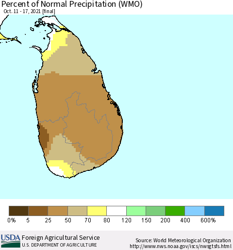 Sri Lanka Percent of Normal Precipitation (WMO) Thematic Map For 10/11/2021 - 10/17/2021