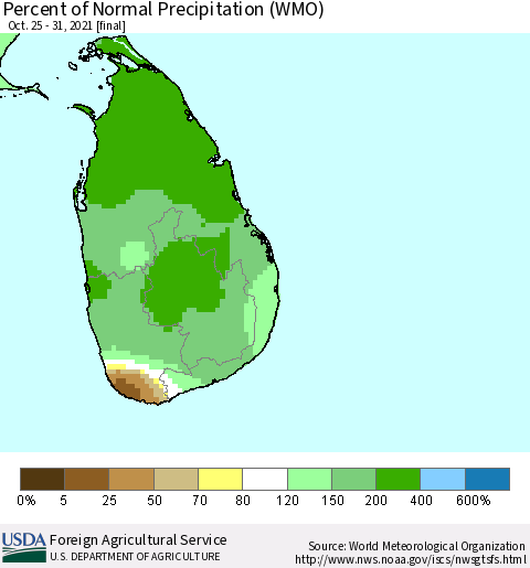 Sri Lanka Percent of Normal Precipitation (WMO) Thematic Map For 10/25/2021 - 10/31/2021
