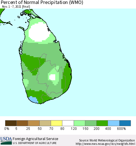 Sri Lanka Percent of Normal Precipitation (WMO) Thematic Map For 11/1/2021 - 11/7/2021