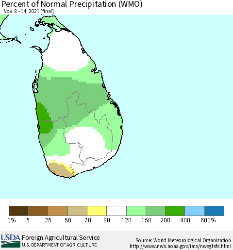 Sri Lanka Percent of Normal Precipitation (WMO) Thematic Map For 11/8/2021 - 11/14/2021