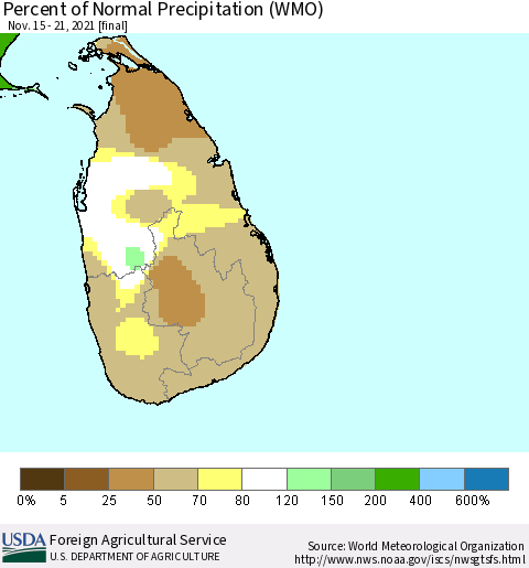 Sri Lanka Percent of Normal Precipitation (WMO) Thematic Map For 11/15/2021 - 11/21/2021