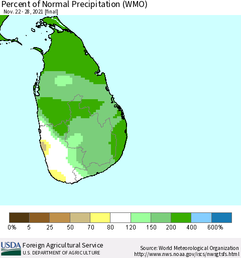 Sri Lanka Percent of Normal Precipitation (WMO) Thematic Map For 11/22/2021 - 11/28/2021