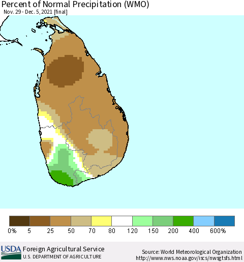 Sri Lanka Percent of Normal Precipitation (WMO) Thematic Map For 11/29/2021 - 12/5/2021