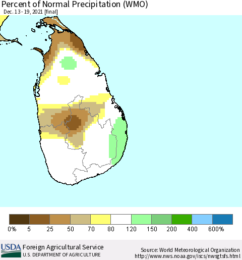 Sri Lanka Percent of Normal Precipitation (WMO) Thematic Map For 12/13/2021 - 12/19/2021