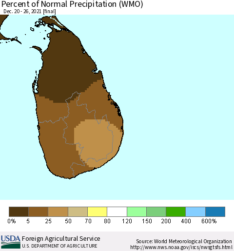 Sri Lanka Percent of Normal Precipitation (WMO) Thematic Map For 12/20/2021 - 12/26/2021