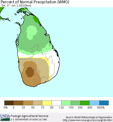 Sri Lanka Percent of Normal Precipitation (WMO) Thematic Map For 12/27/2021 - 1/2/2022