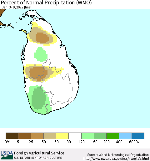 Sri Lanka Percent of Normal Precipitation (WMO) Thematic Map For 1/3/2022 - 1/9/2022