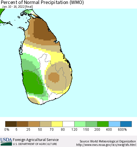 Sri Lanka Percent of Normal Precipitation (WMO) Thematic Map For 1/10/2022 - 1/16/2022