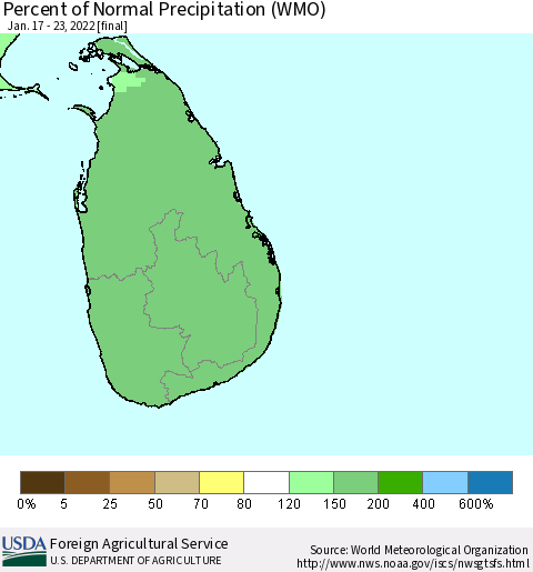 Sri Lanka Percent of Normal Precipitation (WMO) Thematic Map For 1/17/2022 - 1/23/2022