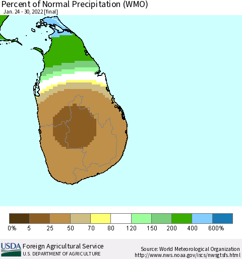 Sri Lanka Percent of Normal Precipitation (WMO) Thematic Map For 1/24/2022 - 1/30/2022