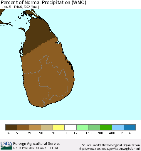 Sri Lanka Percent of Normal Precipitation (WMO) Thematic Map For 1/31/2022 - 2/6/2022