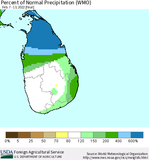 Sri Lanka Percent of Normal Precipitation (WMO) Thematic Map For 2/7/2022 - 2/13/2022