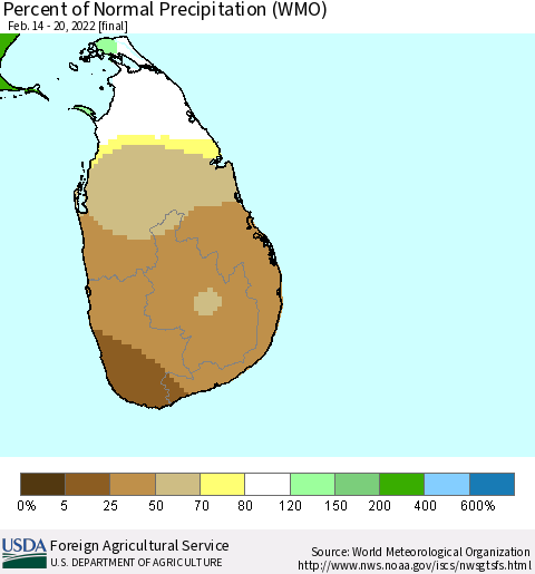 Sri Lanka Percent of Normal Precipitation (WMO) Thematic Map For 2/14/2022 - 2/20/2022