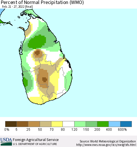 Sri Lanka Percent of Normal Precipitation (WMO) Thematic Map For 2/21/2022 - 2/27/2022