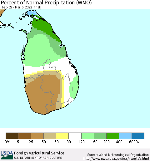 Sri Lanka Percent of Normal Precipitation (WMO) Thematic Map For 2/28/2022 - 3/6/2022