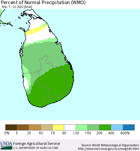 Sri Lanka Percent of Normal Precipitation (WMO) Thematic Map For 3/7/2022 - 3/13/2022