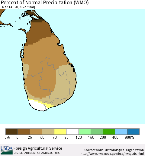 Sri Lanka Percent of Normal Precipitation (WMO) Thematic Map For 3/14/2022 - 3/20/2022