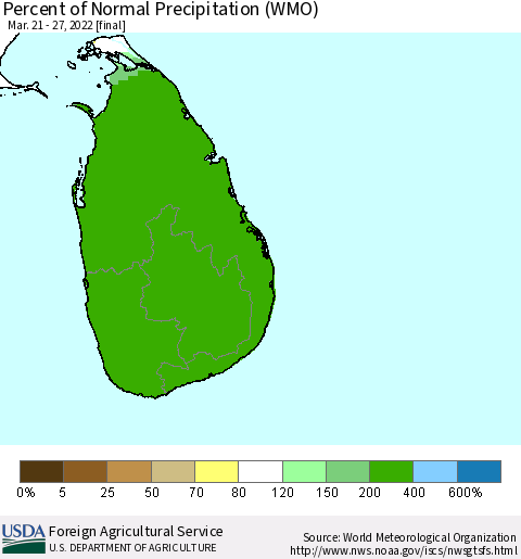 Sri Lanka Percent of Normal Precipitation (WMO) Thematic Map For 3/21/2022 - 3/27/2022